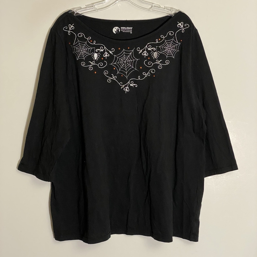 Holiday Editions Top Womens 2X Black Halloween Spider Web Rhinestone Grannycore